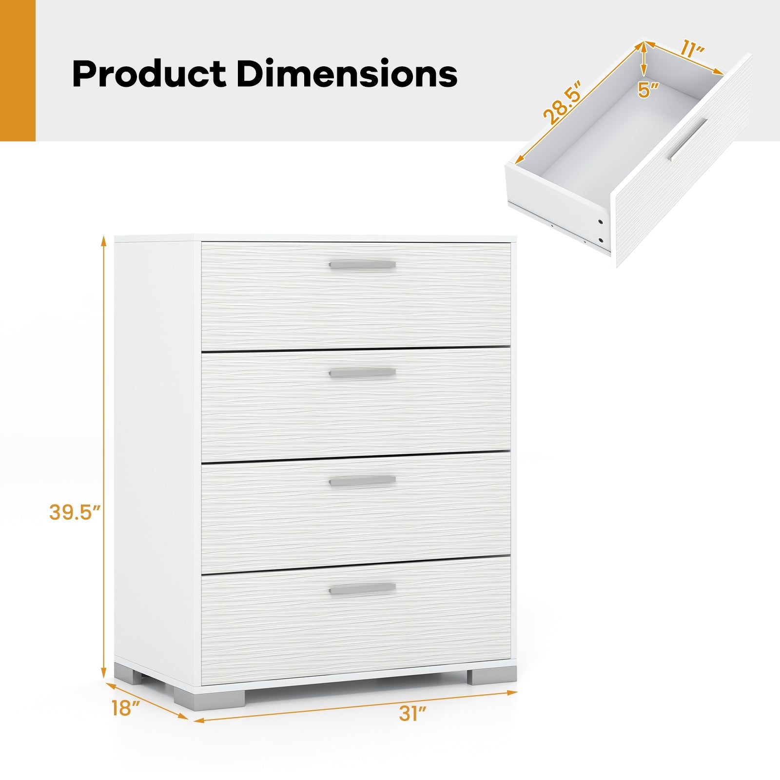 4 Drawer Storage Cabinet with Metal Legs Handles with Anti-Toppling Devices, White Cabinets & Chests   at Gallery Canada