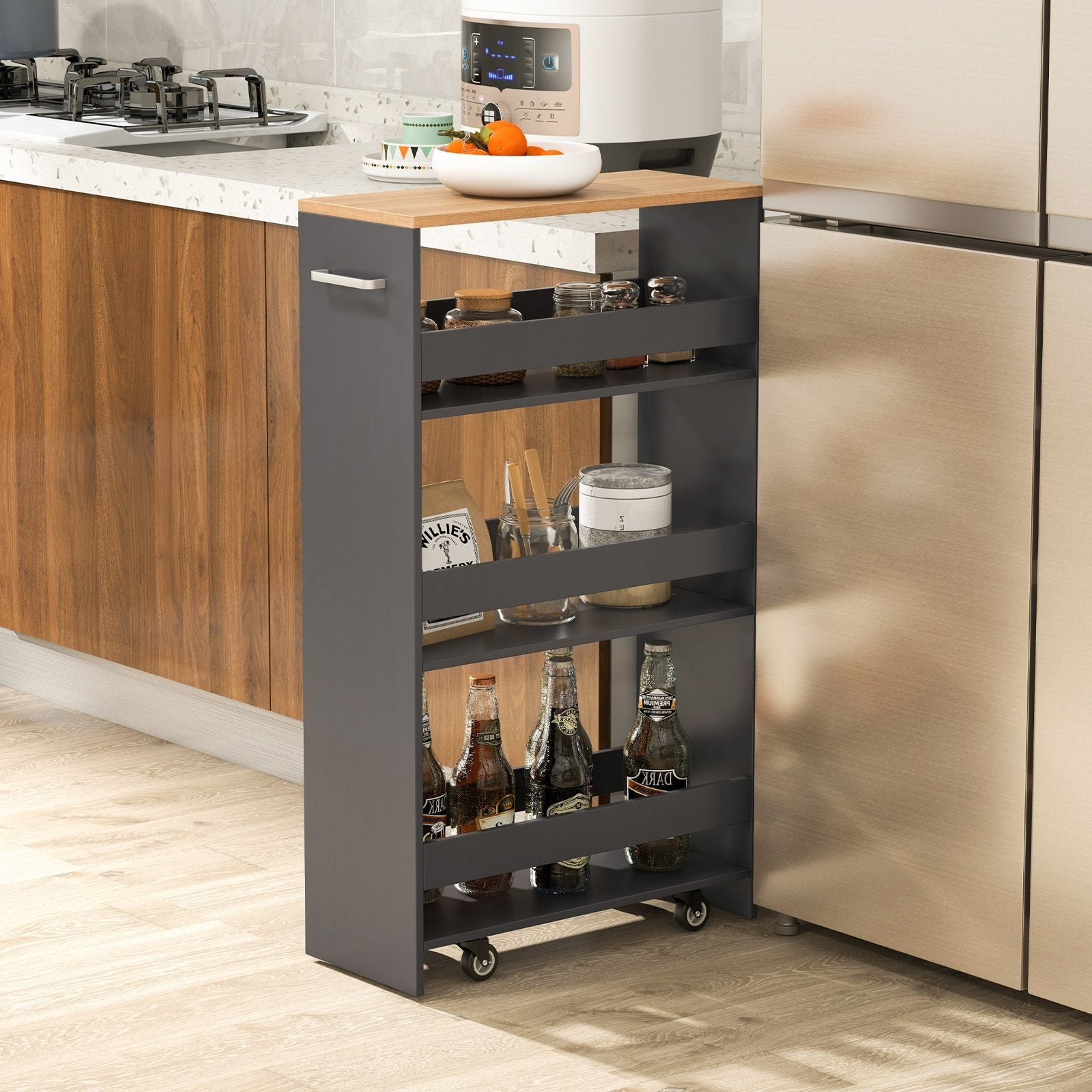 4-Tier Rolling Storage Cart Slim Kitchen Cart on Wheels with Open Shelves and Handle, Gray Kitchen Islands & Carts   at Gallery Canada