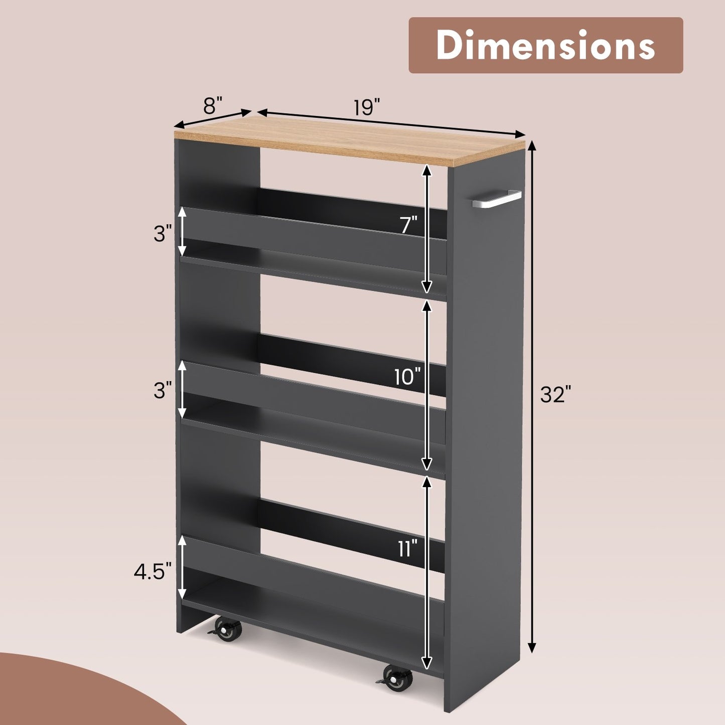 4-Tier Rolling Storage Cart Slim Kitchen Cart on Wheels with Open Shelves and Handle, Gray Kitchen Islands & Carts   at Gallery Canada