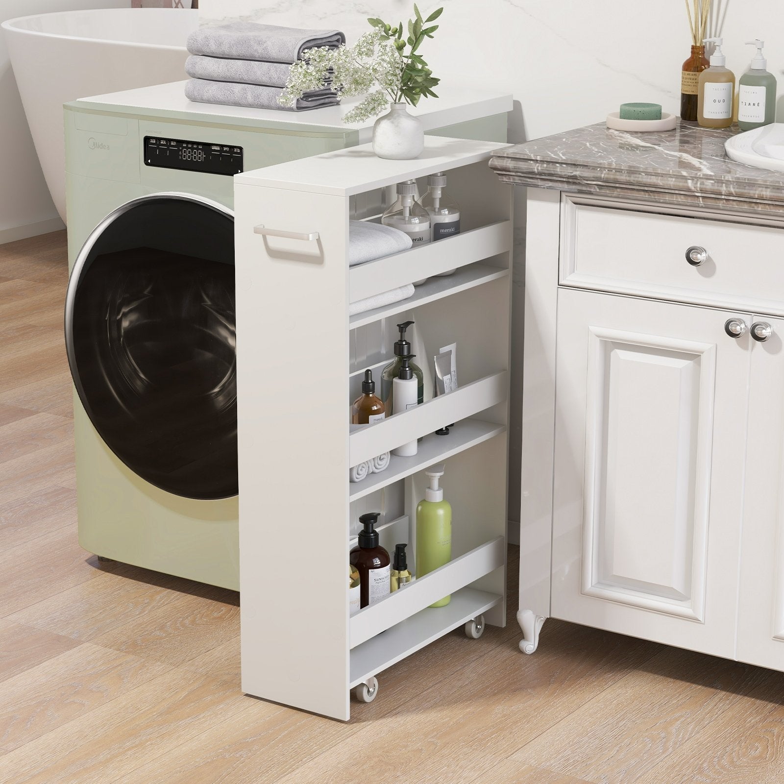 4-Tier Rolling Storage Cart Slim Kitchen Cart on Wheels with Open Shelves and Handle, White Kitchen Islands & Carts   at Gallery Canada