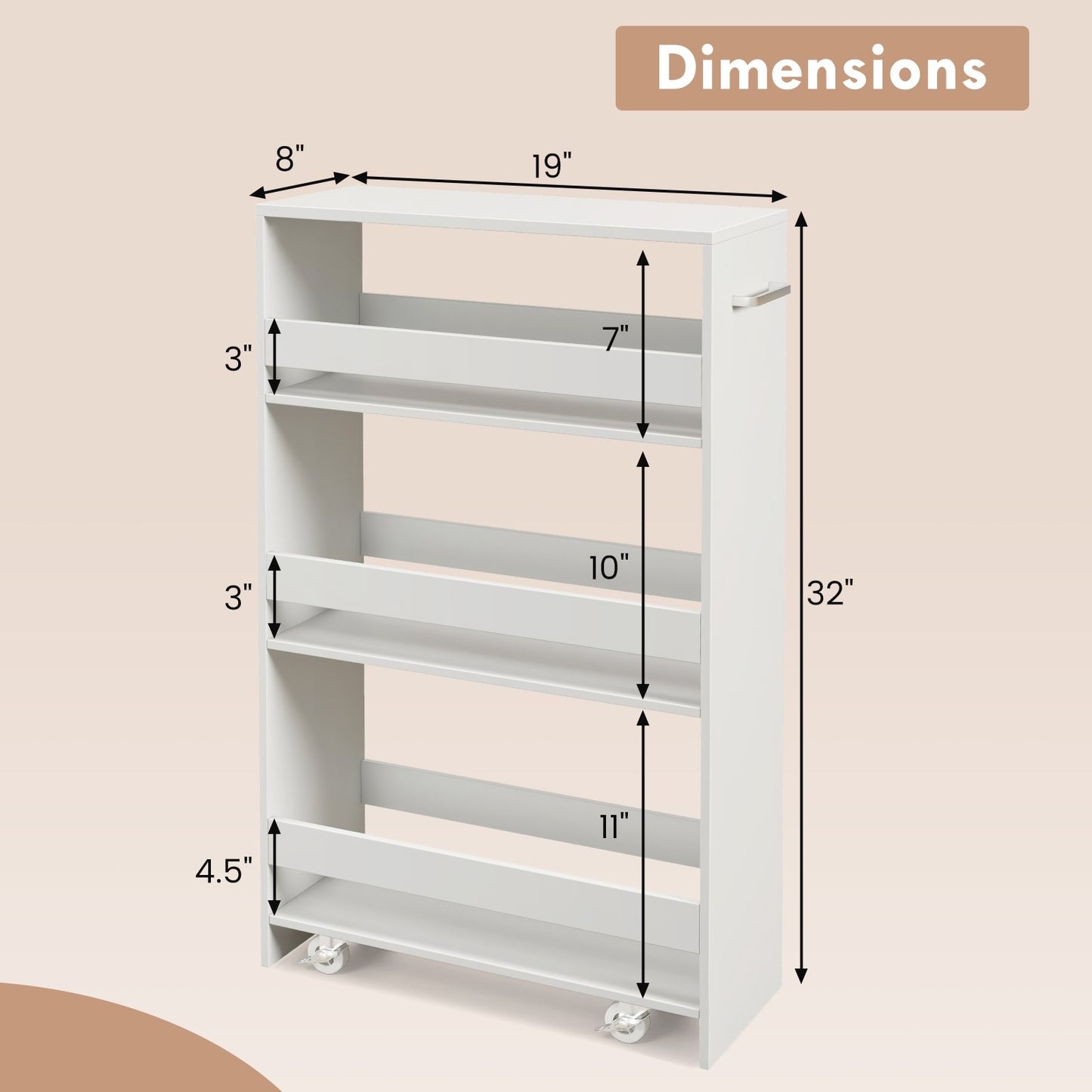 4-Tier Rolling Storage Cart Slim Kitchen Cart on Wheels with Open Shelves and Handle, White Kitchen Islands & Carts   at Gallery Canada