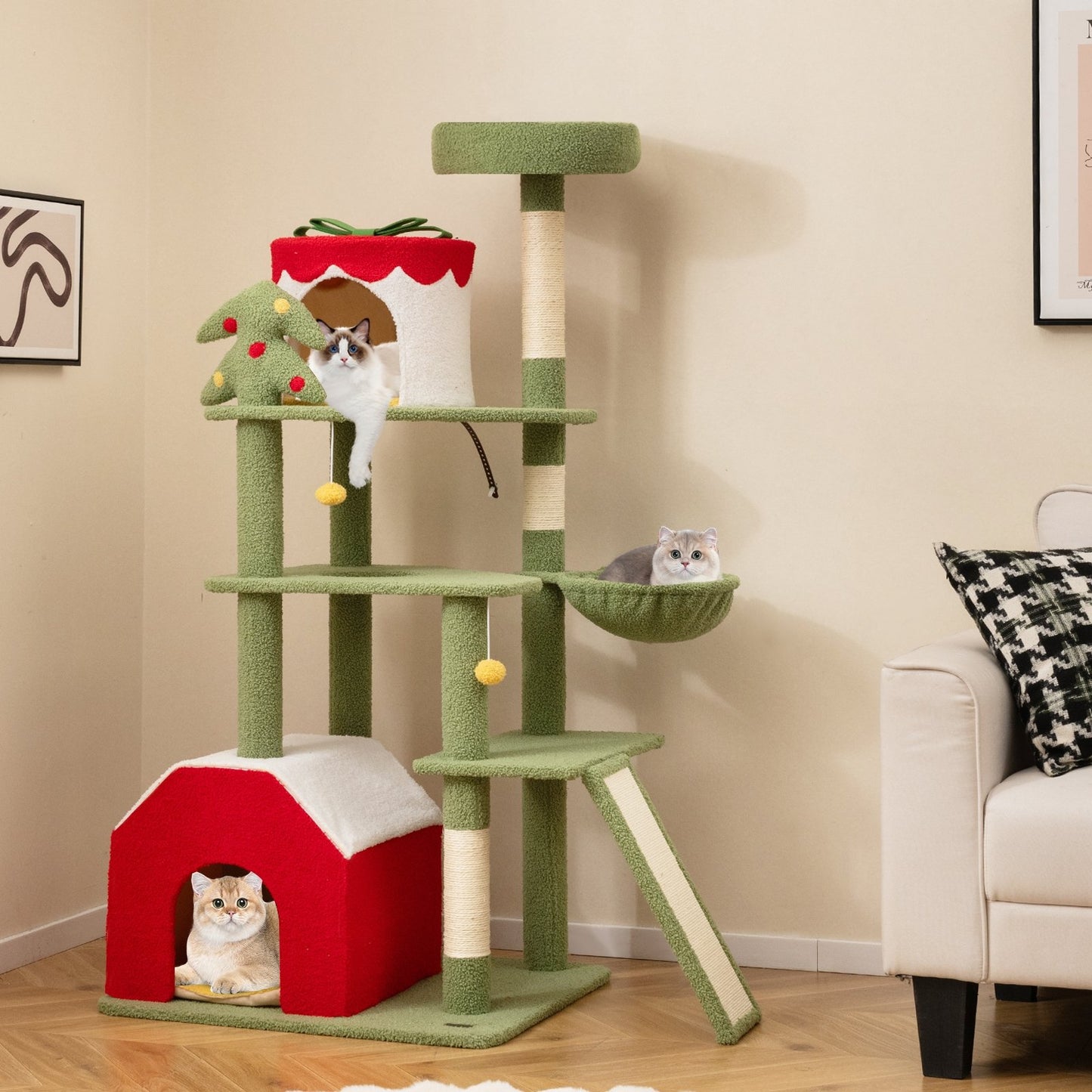 61 Inches Cute Christmas Cat Tree with Sisal Scratching Posts and 2 Condos, Green Cat Trees Condos & Scratchers   at Gallery Canada