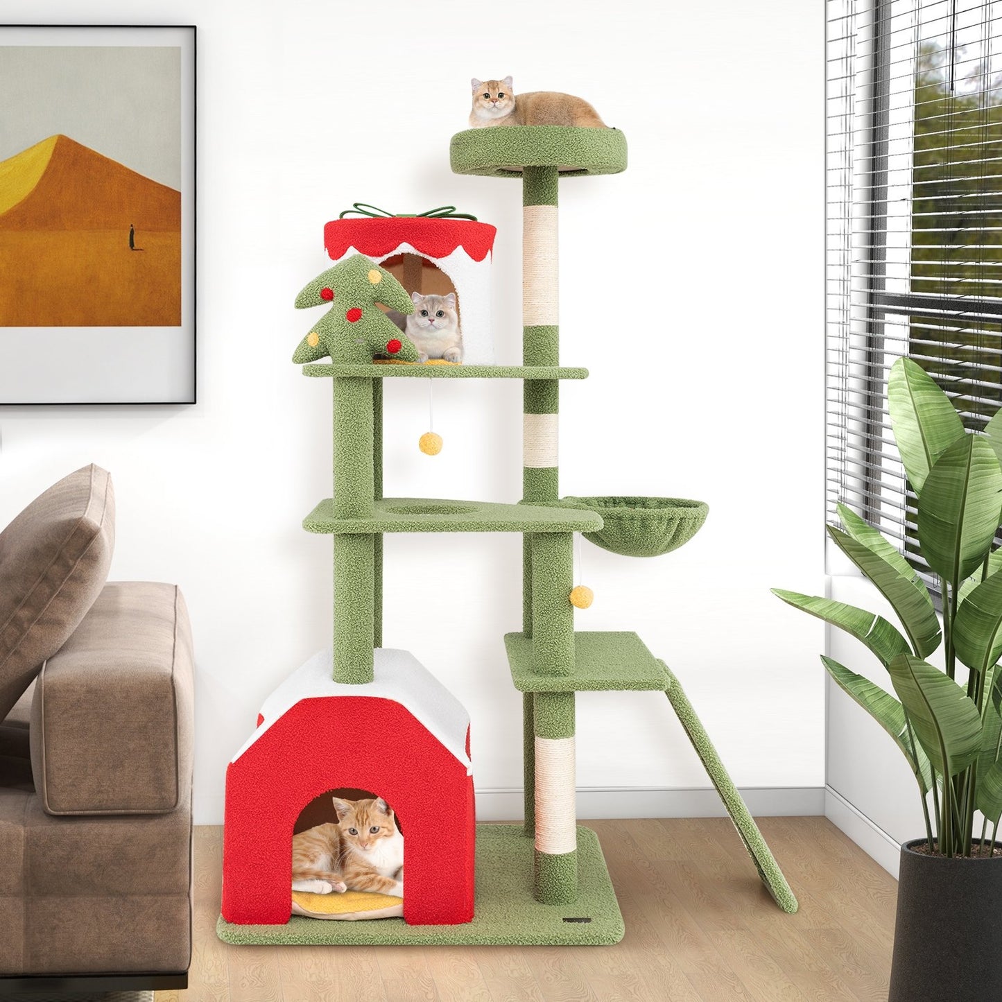 61 Inches Cute Christmas Cat Tree with Sisal Scratching Posts and 2 Condos, Green Cat Trees Condos & Scratchers   at Gallery Canada