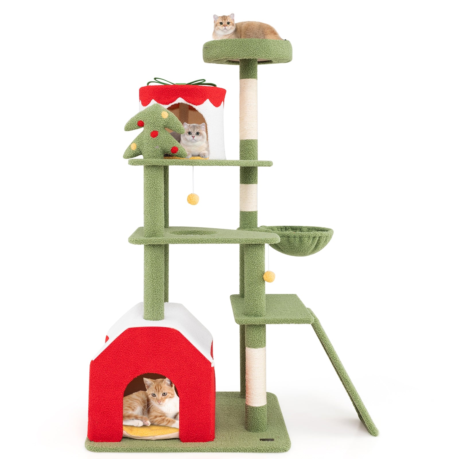 61 Inches Cute Christmas Cat Tree with Sisal Scratching Posts and 2 Condos, Green Cat Trees Condos & Scratchers Green  at Gallery Canada