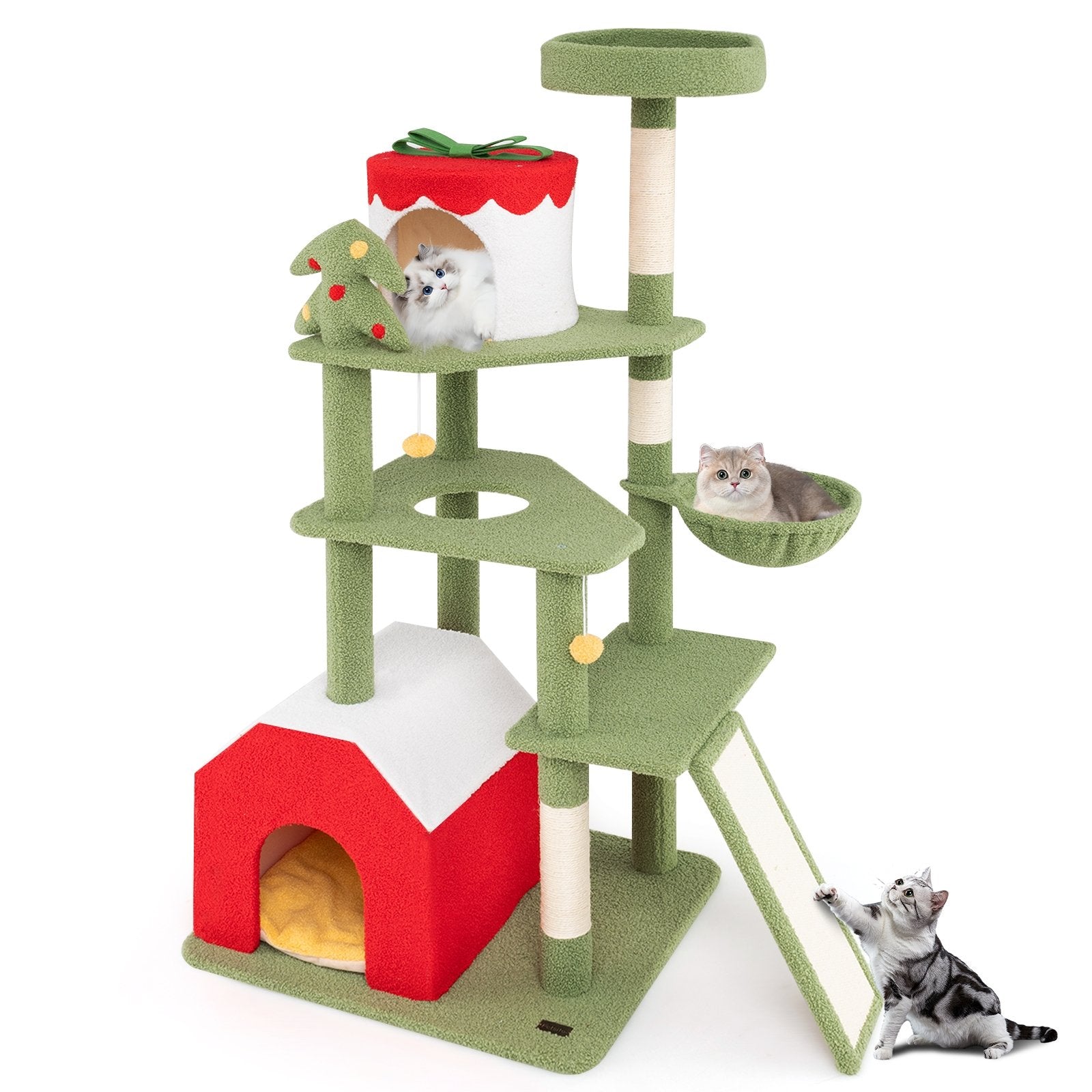 61 Inches Cute Christmas Cat Tree with Sisal Scratching Posts and 2 Condos, Green Cat Trees Condos & Scratchers   at Gallery Canada