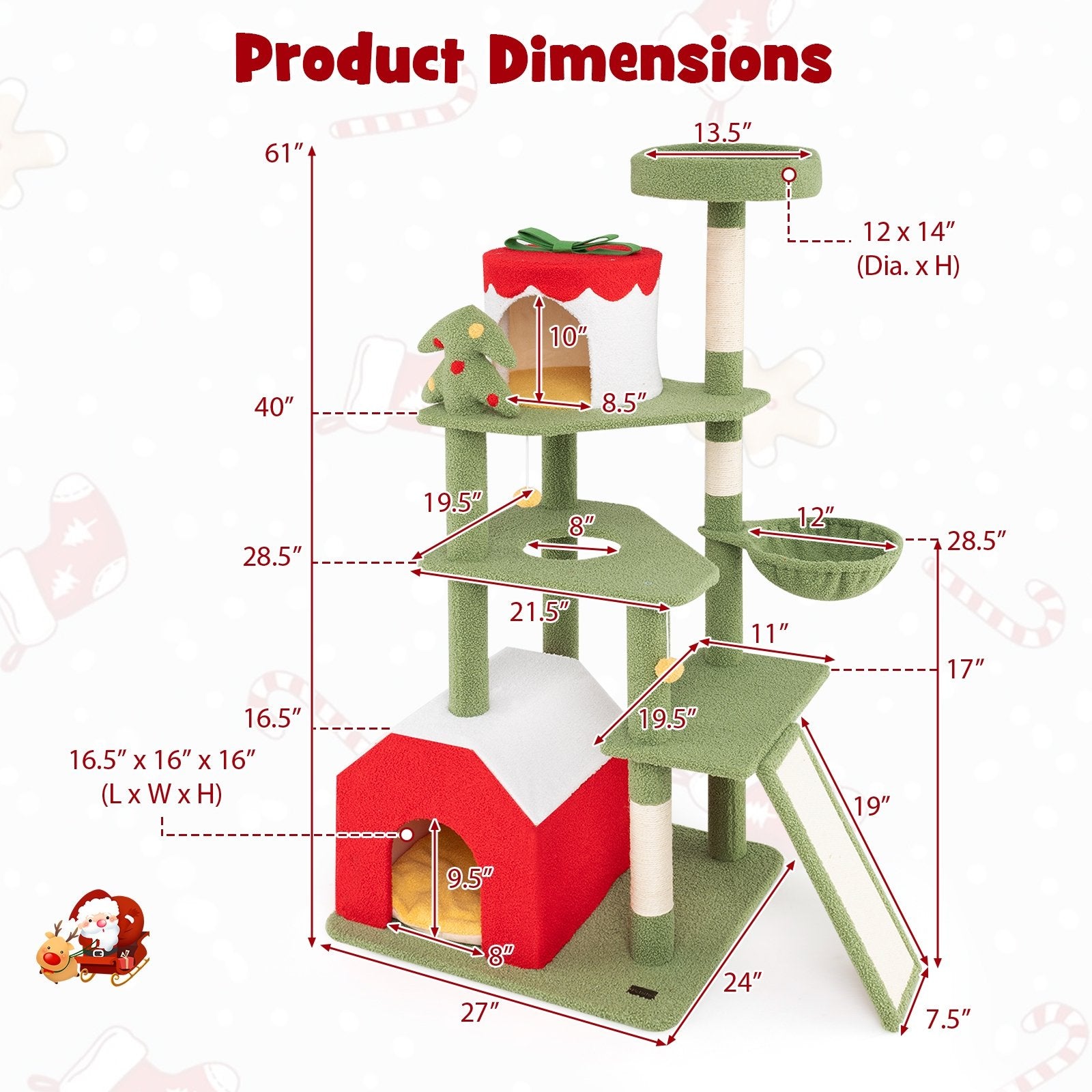 61 Inches Cute Christmas Cat Tree with Sisal Scratching Posts and 2 Condos, Green Cat Trees Condos & Scratchers   at Gallery Canada