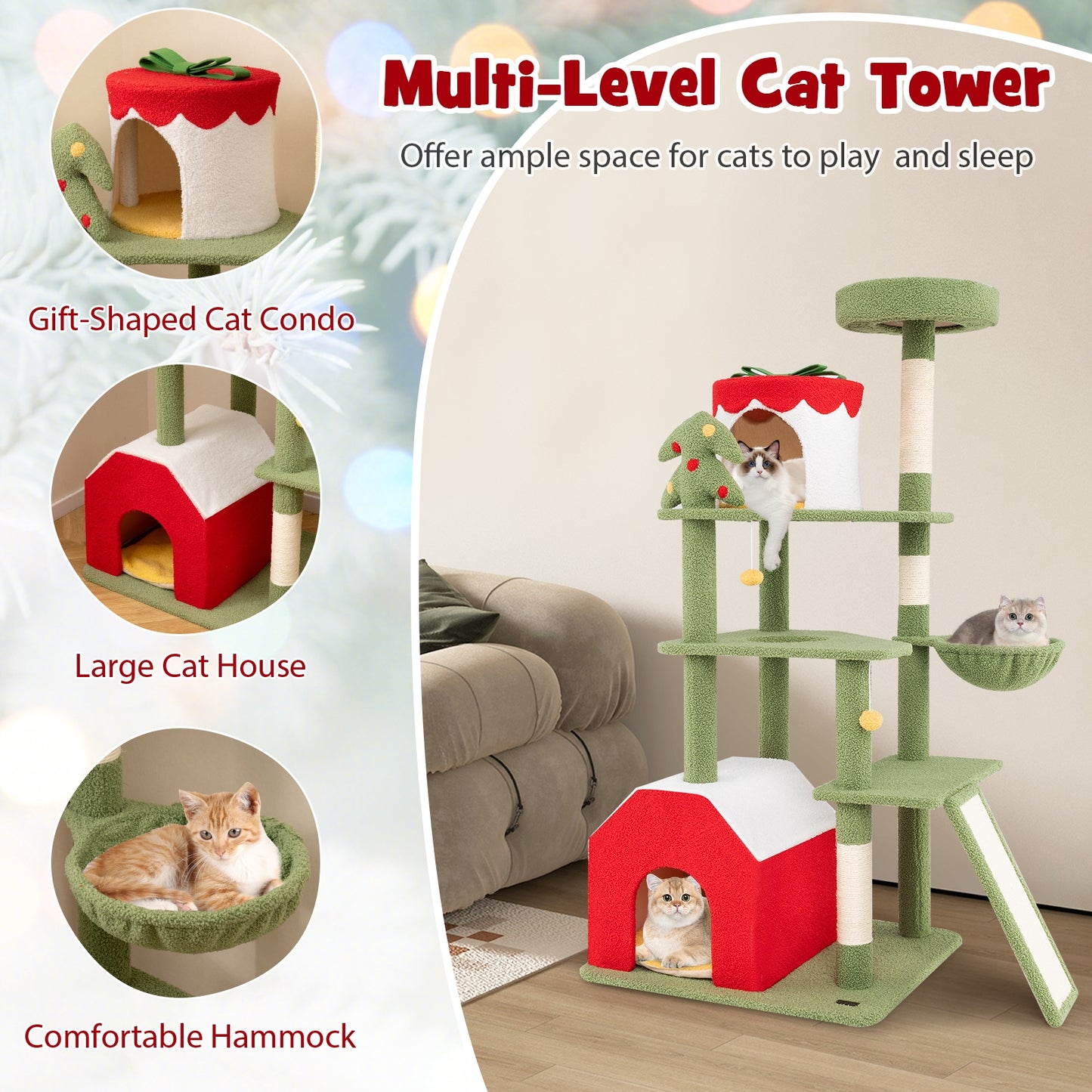 61 Inches Cute Christmas Cat Tree with Sisal Scratching Posts and 2 Condos, Green Cat Trees Condos & Scratchers   at Gallery Canada