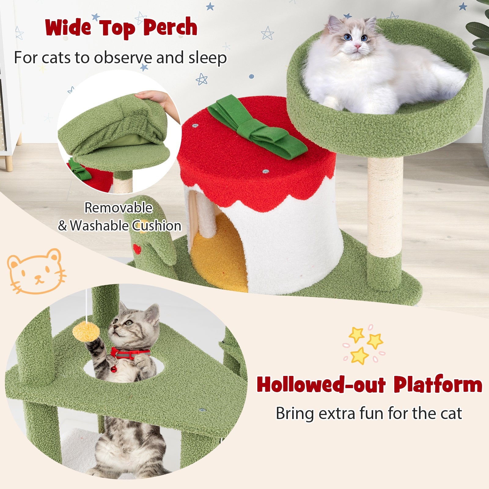 61 Inches Cute Christmas Cat Tree with Sisal Scratching Posts and 2 Condos, Green Cat Trees Condos & Scratchers   at Gallery Canada