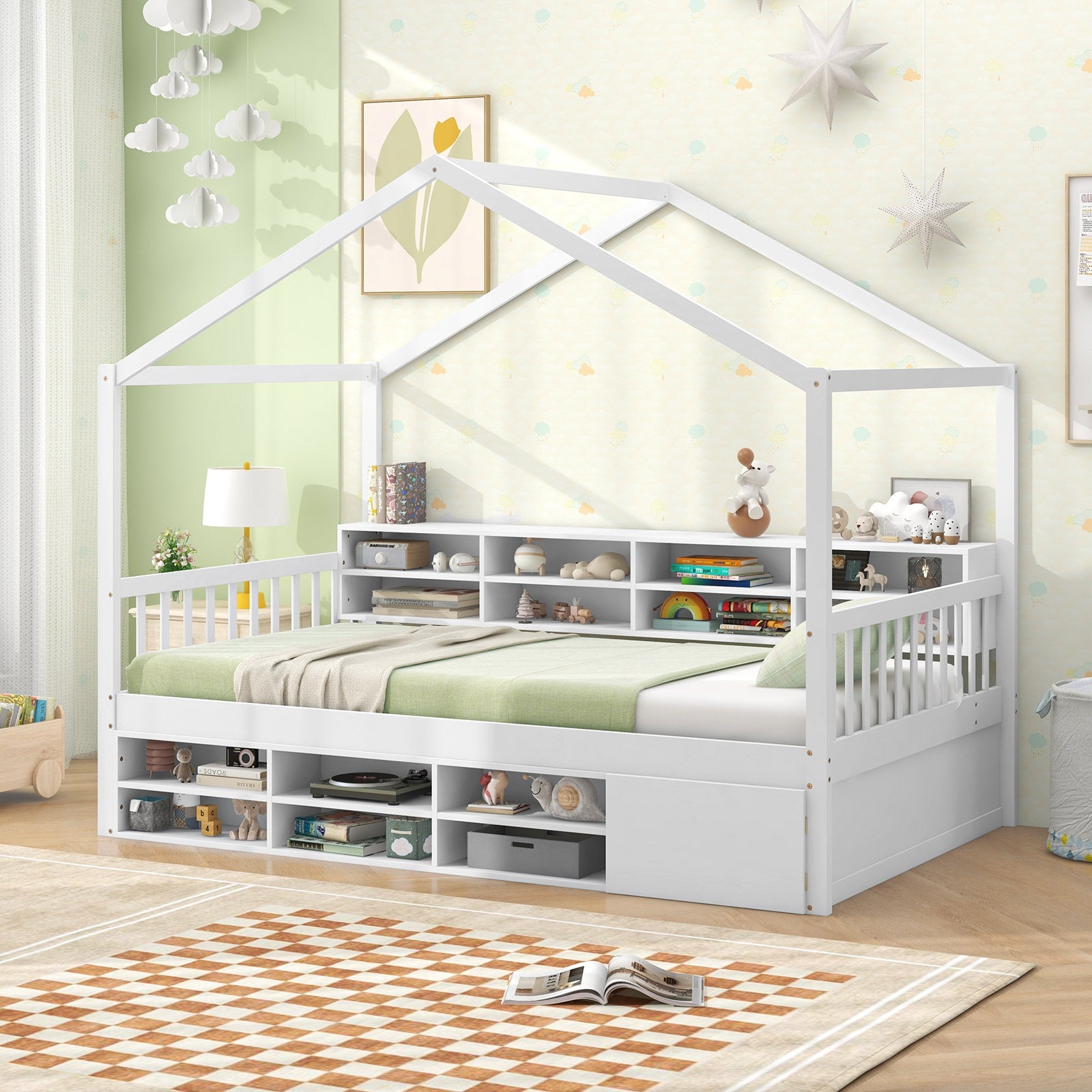 Twin Size House Bed with Roof with 14 Storage Cubes and Enclosed Cabinet, White Trundle Bed Frame   at Gallery Canada