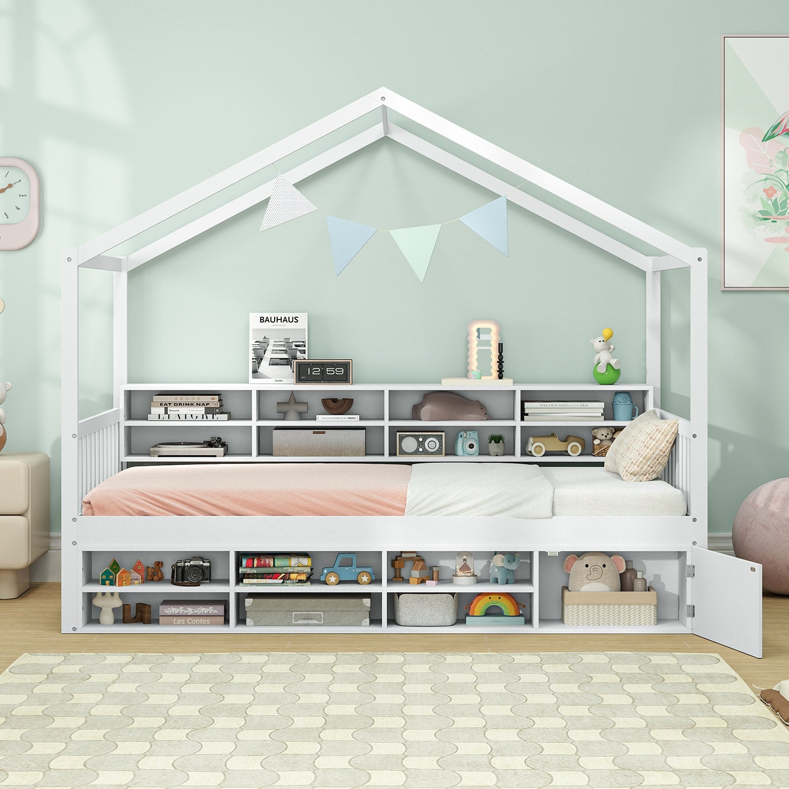 Twin Size House Bed with Roof with 14 Storage Cubes and Enclosed Cabinet, White Trundle Bed Frame   at Gallery Canada