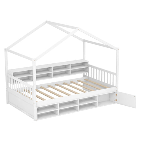 Twin Size House Bed with Roof with 14 Storage Cubes and Enclosed Cabinet, White