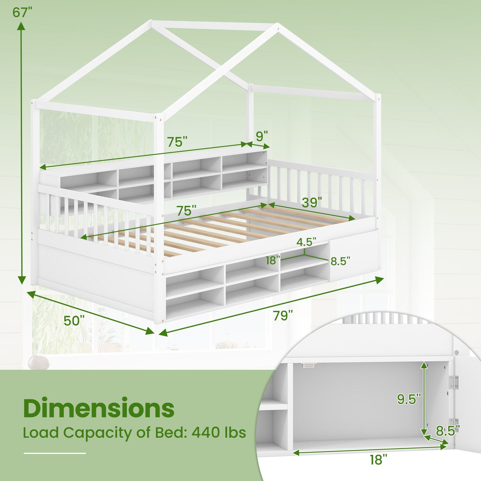 Twin Size House Bed with Roof with 14 Storage Cubes and Enclosed Cabinet, White Trundle Bed Frame   at Gallery Canada