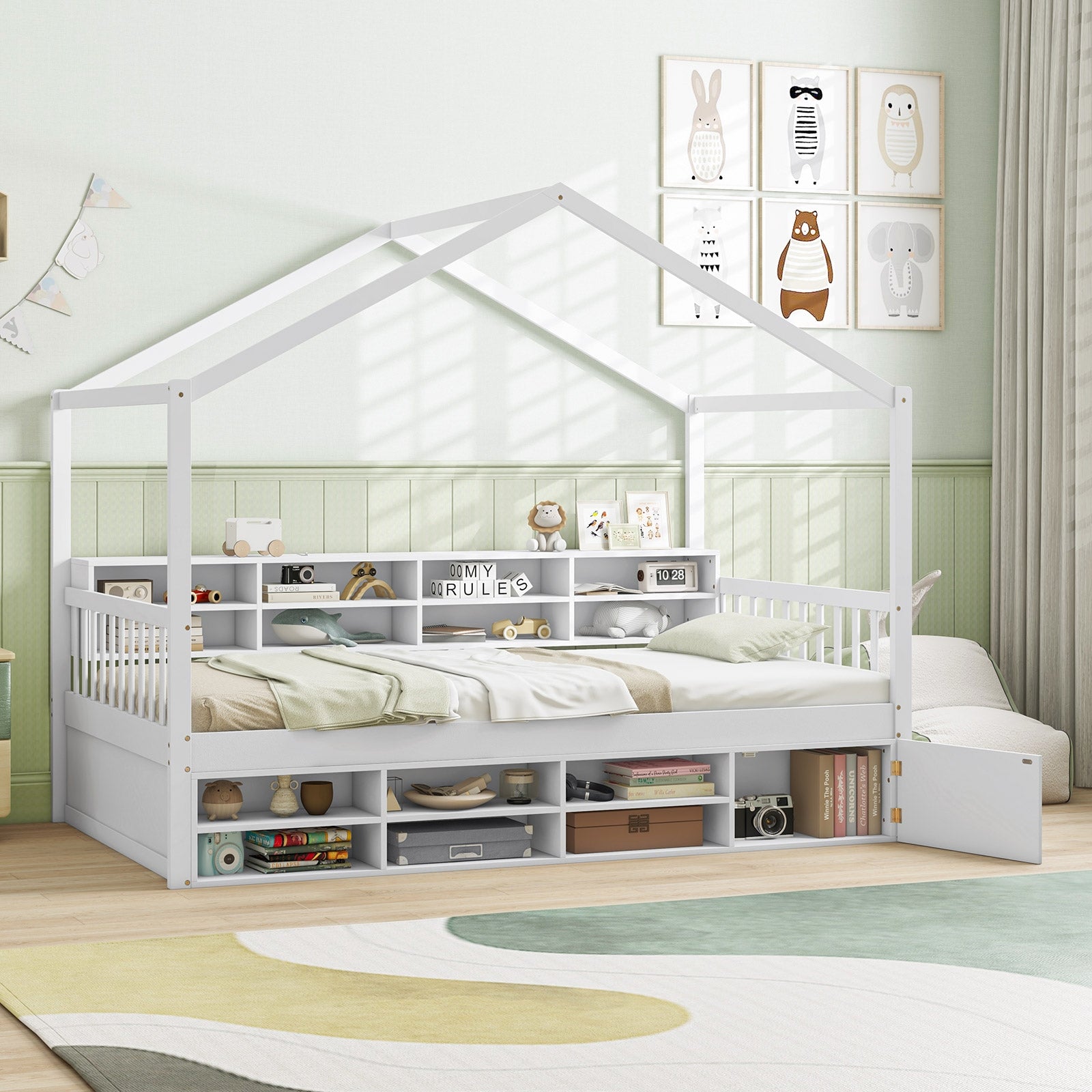 Twin Size House Bed with Roof with 14 Storage Cubes and Enclosed Cabinet, White Trundle Bed Frame   at Gallery Canada