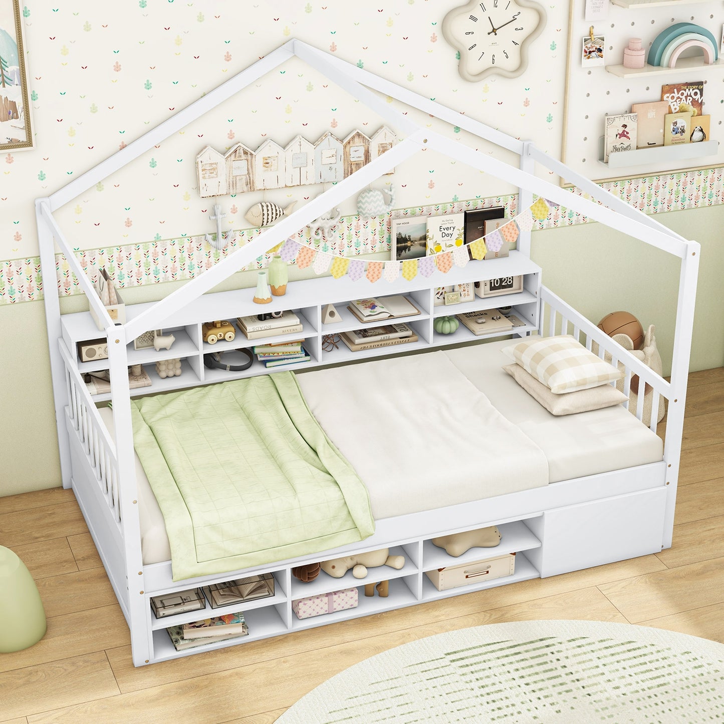 Twin Size House Bed with Roof with 14 Storage Cubes and Enclosed Cabinet, White Trundle Bed Frame   at Gallery Canada