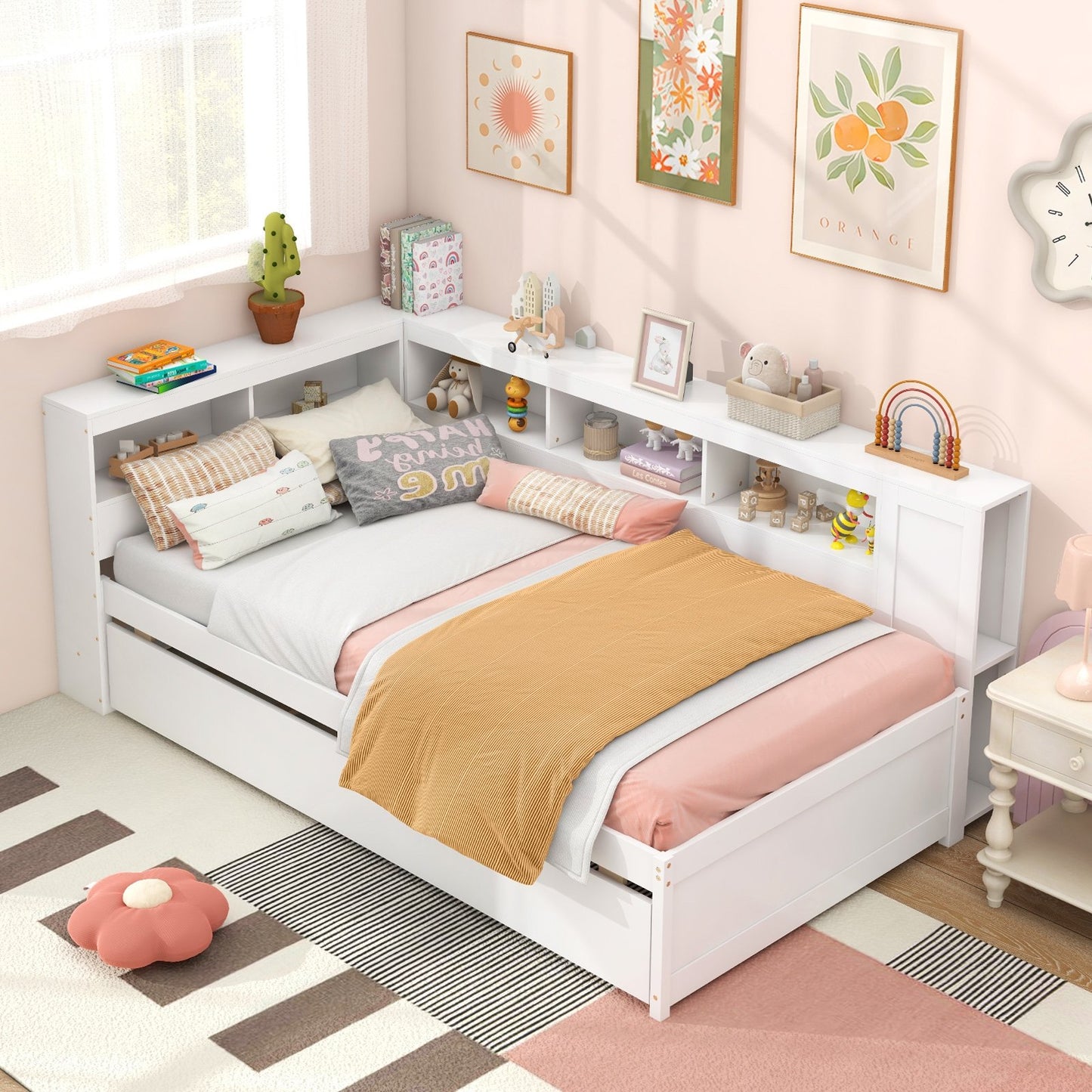 Twin Size Daybed Platform Bed Frame with Trundle and Bedside Shelves, White Trundle Bed Frame   at Gallery Canada