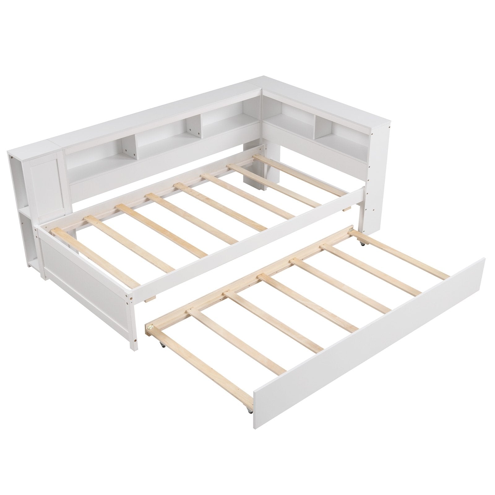 Twin Size Daybed Platform Bed Frame with Trundle and Bedside Shelves, White Trundle Bed Frame White  at Gallery Canada