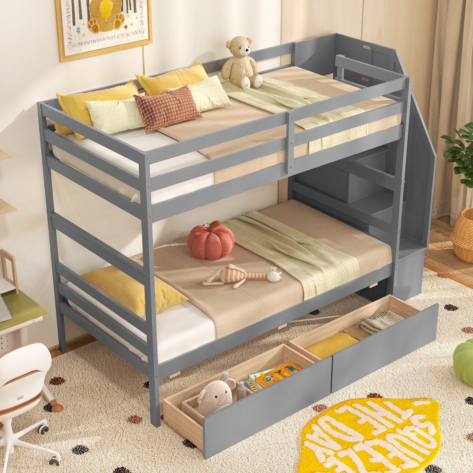 Twin Over Twin Bunk Bed with Storage Stairs and Drawers, Gray Bunk Bed Frame   at Gallery Canada