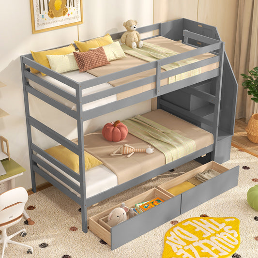 Twin Over Twin Bunk Bed with Storage Stairs and Drawers, Gray Bunk Bed Frame Gray  at Gallery Canada