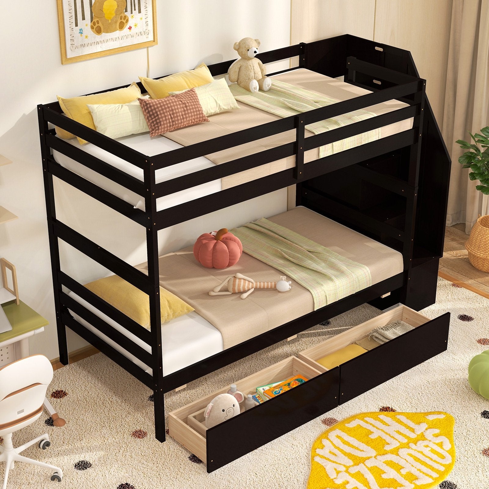 Twin Over Twin Bunk Bed with Storage Stairs and Drawers, Coffee Bunk Bed Frame   at Gallery Canada