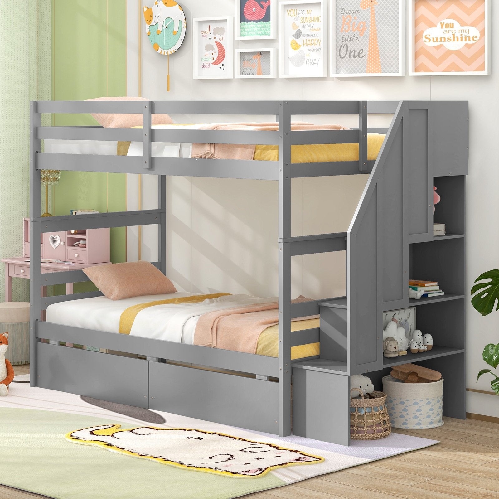 Twin Over Twin Bunk Bed with Storage Stairs and Drawers, Gray Bunk Bed Frame   at Gallery Canada