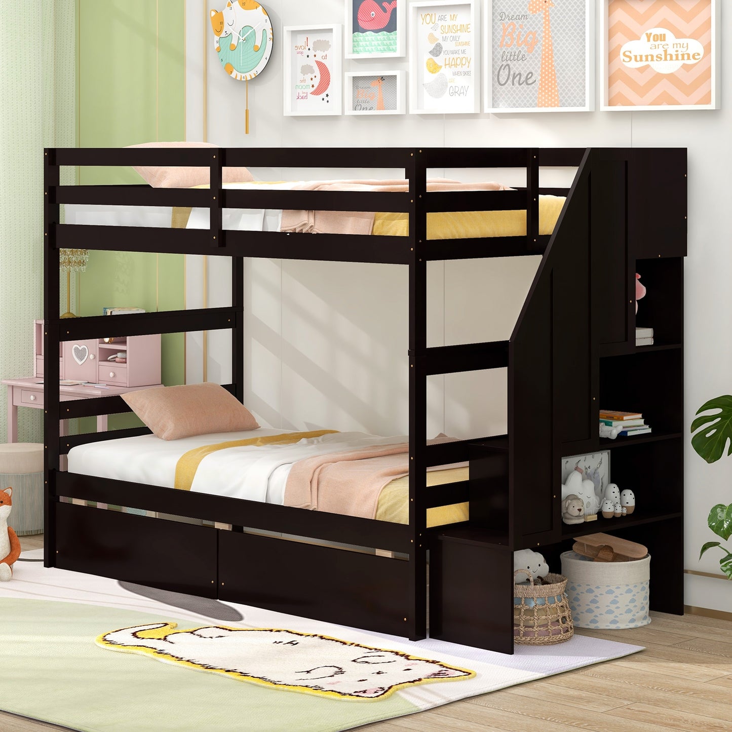 Twin Over Twin Bunk Bed with Storage Stairs and Drawers, Coffee Bunk Bed Frame   at Gallery Canada