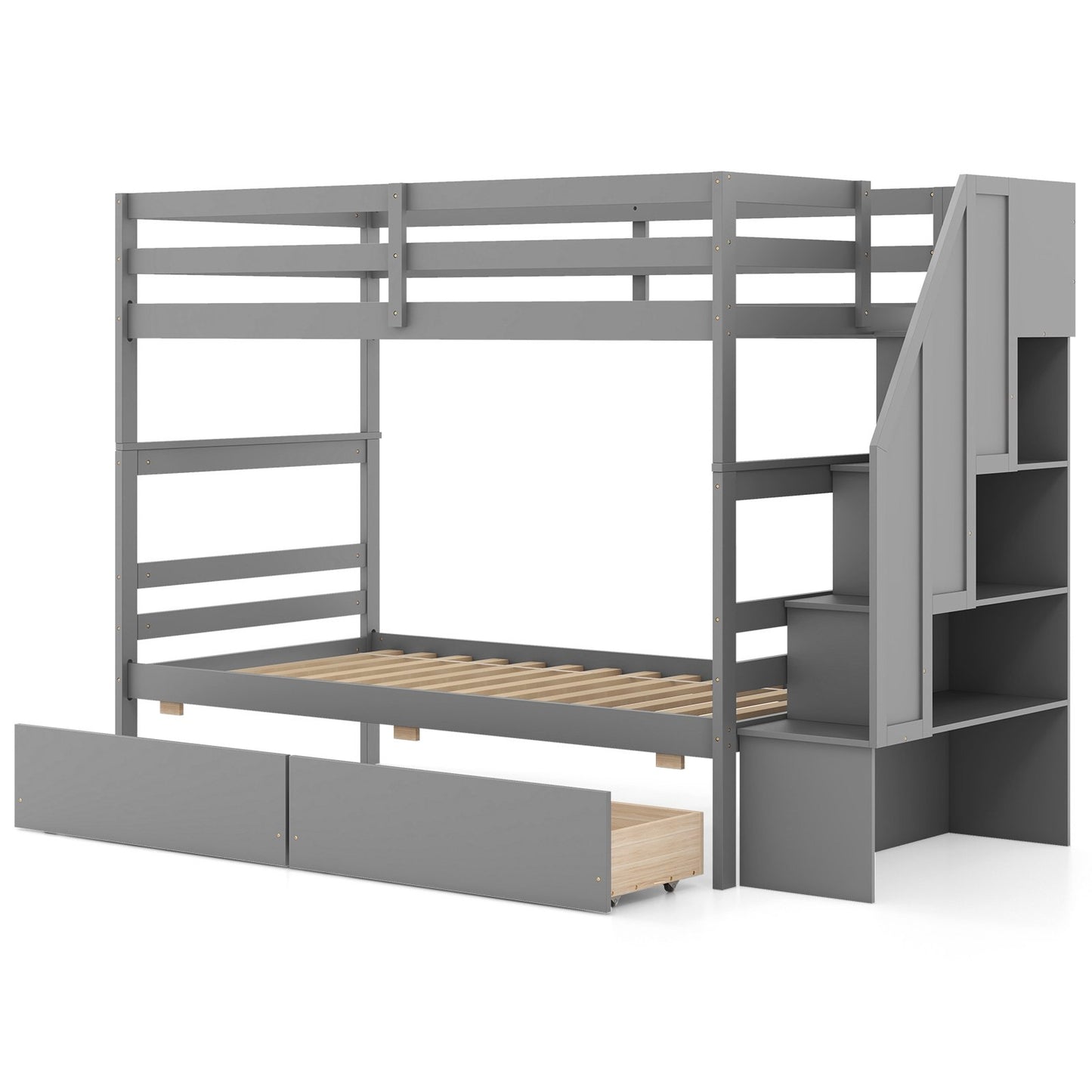 Twin Over Twin Bunk Bed with Storage Stairs and Drawers, Gray Bunk Bed Frame Gray  at Gallery Canada