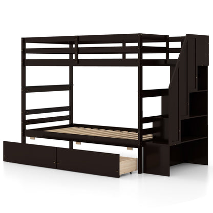 Twin Over Twin Bunk Bed with Storage Stairs and Drawers, Coffee Bunk Bed Frame Coffee  at Gallery Canada