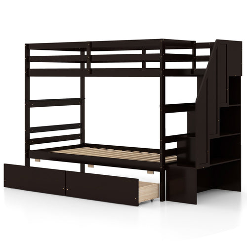 Twin Over Twin Bunk Bed with Storage Stairs and Drawers, Coffee