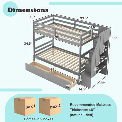 Twin Over Twin Bunk Bed with Storage Stairs and Drawers, Gray Bunk Bed Frame   at Gallery Canada