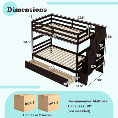 Twin Over Twin Bunk Bed with Storage Stairs and Drawers, Coffee Bunk Bed Frame   at Gallery Canada