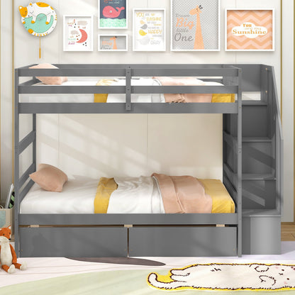 Twin Over Twin Bunk Bed with Storage Stairs and Drawers, Gray Bunk Bed Frame   at Gallery Canada