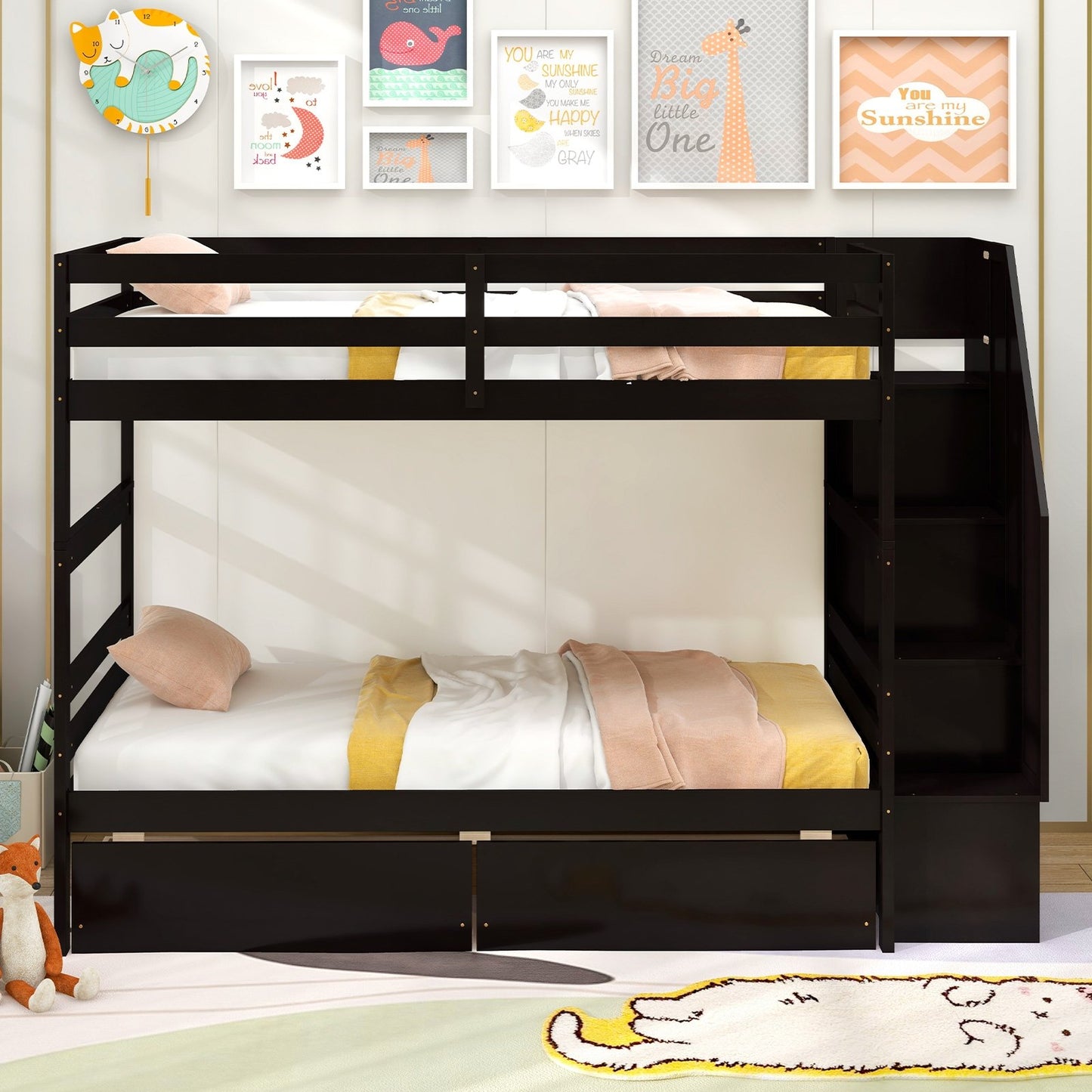 Twin Over Twin Bunk Bed with Storage Stairs and Drawers, Coffee Bunk Bed Frame   at Gallery Canada