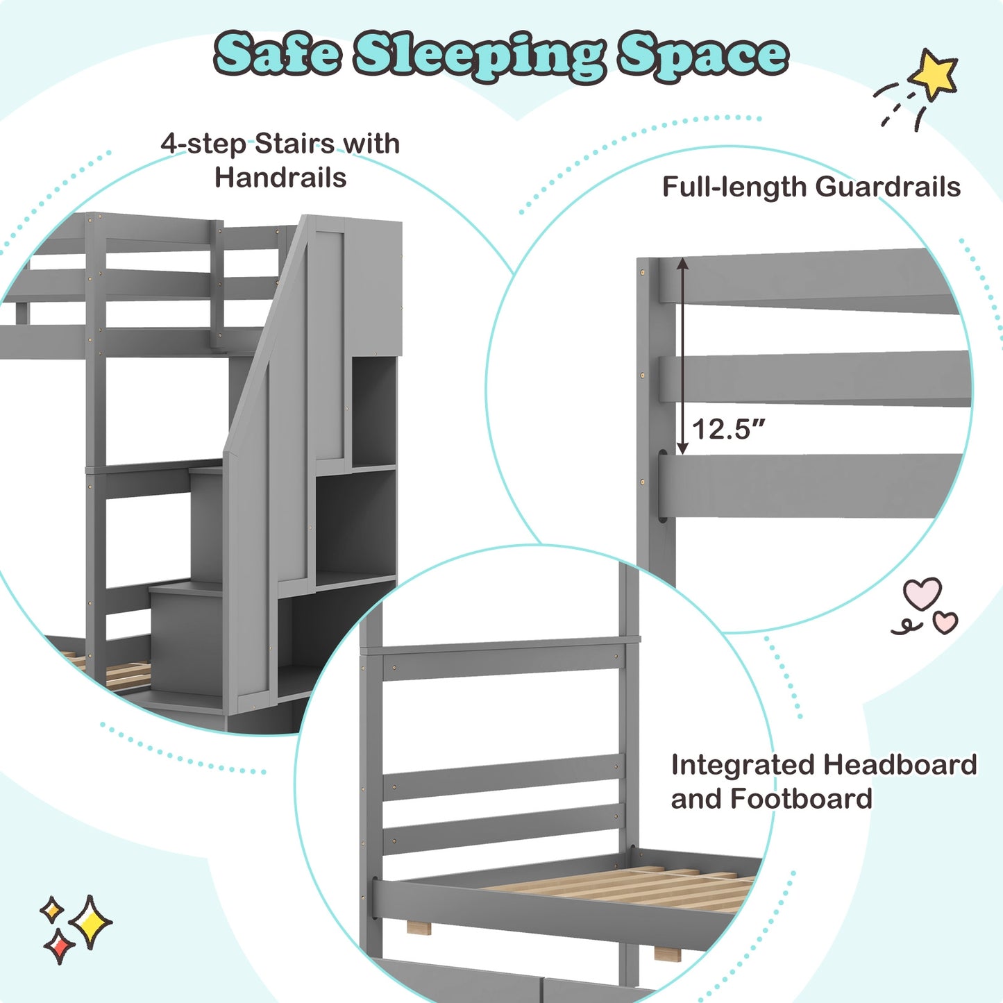 Twin Over Twin Bunk Bed with Storage Stairs and Drawers, Gray Bunk Bed Frame   at Gallery Canada