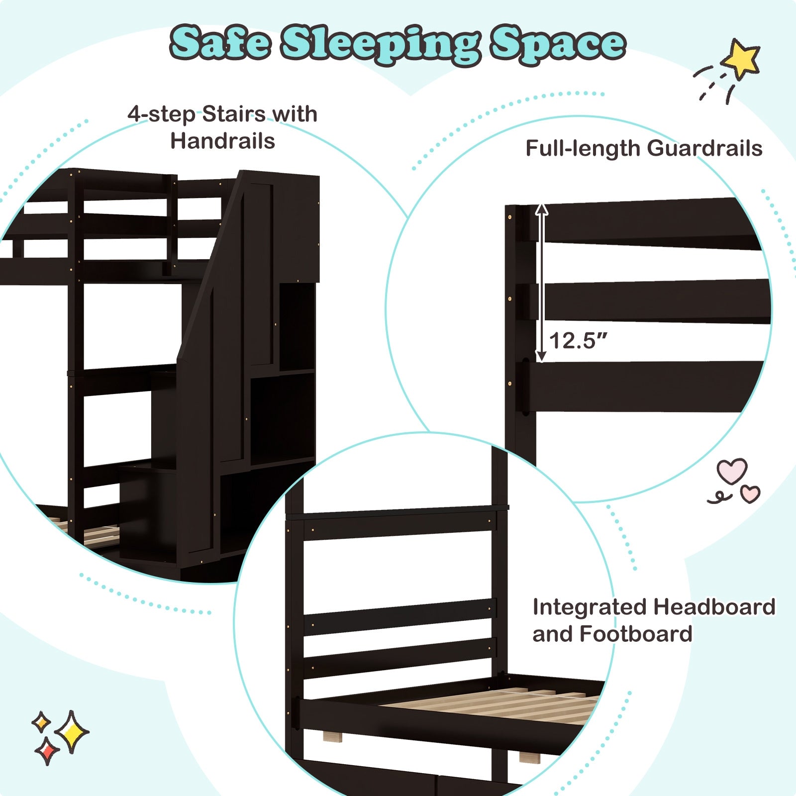 Twin Over Twin Bunk Bed with Storage Stairs and Drawers, Coffee Bunk Bed Frame   at Gallery Canada