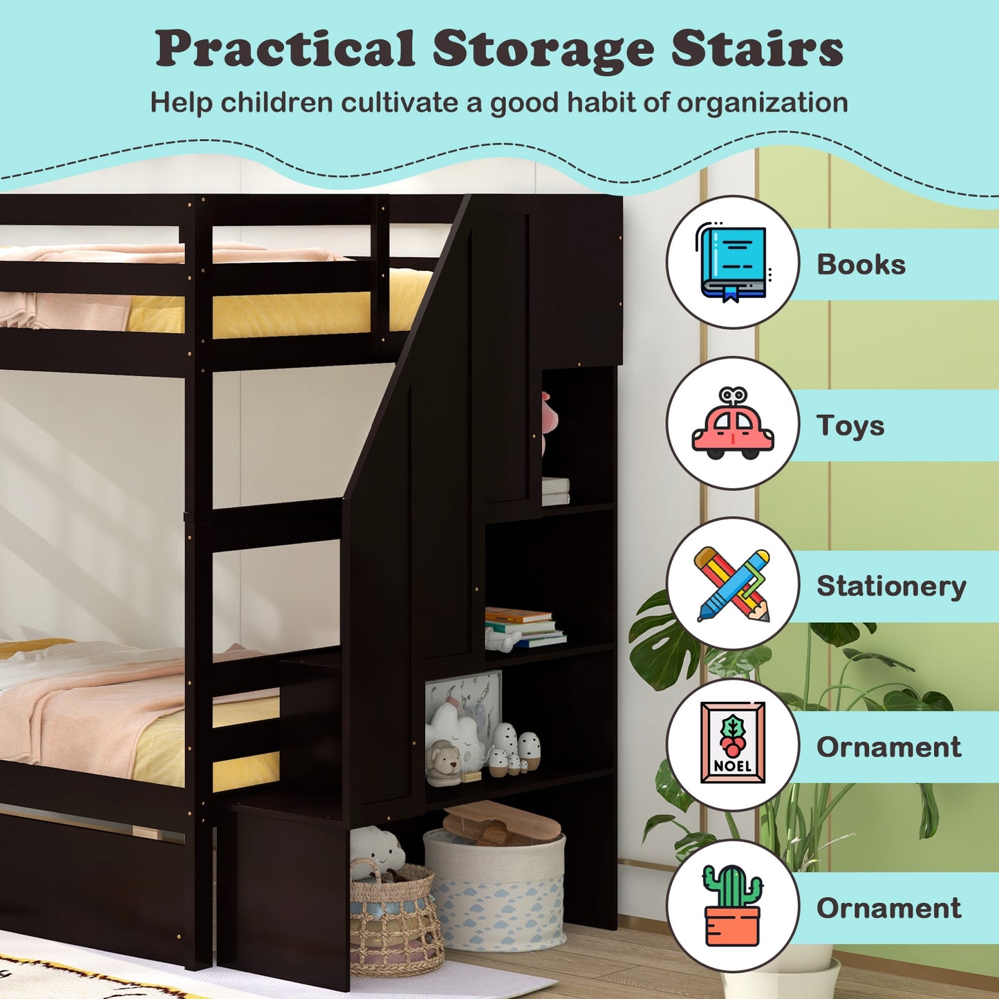 Twin Over Twin Bunk Bed with Storage Stairs and Drawers, Gray Bunk Bed Frame   at Gallery Canada