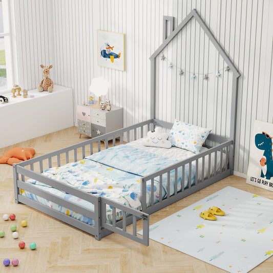 Twin Size Montessori Floor Bed with Lockable Door and Full-Length Guardrail, Gray Toddler Beds Gray  at Gallery Canada