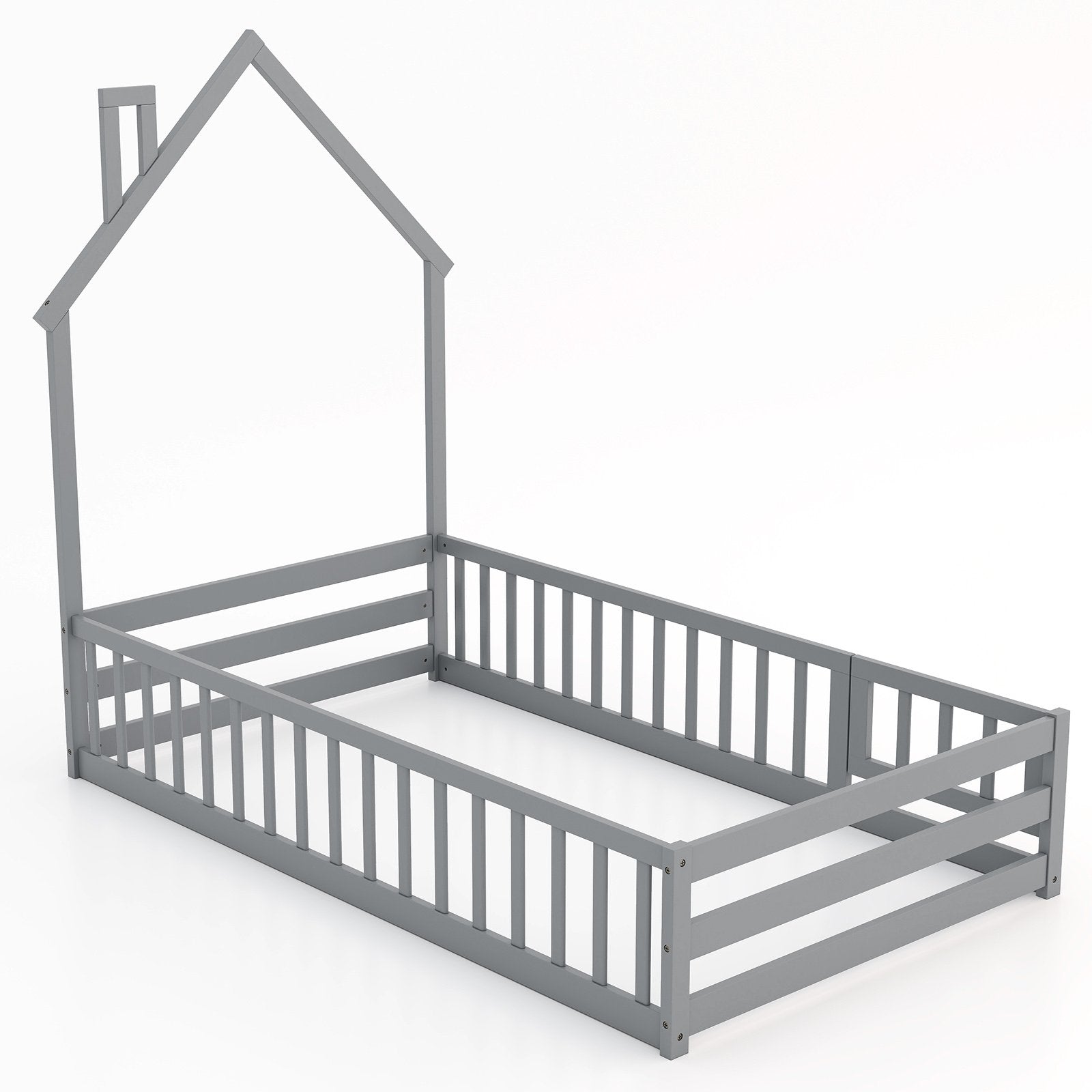 Twin Size Montessori Floor Bed with Lockable Door and Full-Length Guardrail, Gray Toddler Beds Gray at Gallery Canada