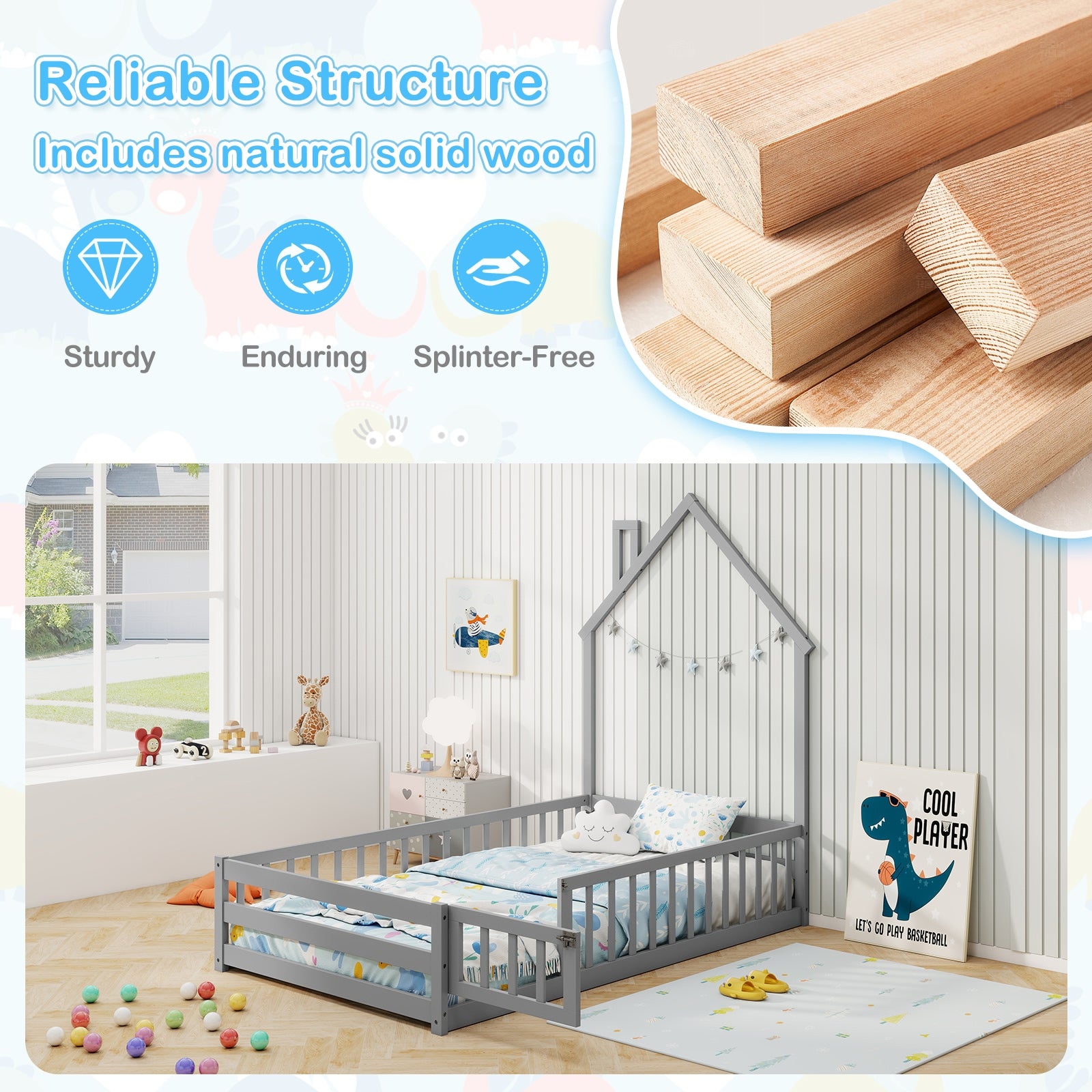 Twin Size Montessori Floor Bed with Lockable Door and Full-Length Guardrail, Gray Toddler Beds at Gallery Canada