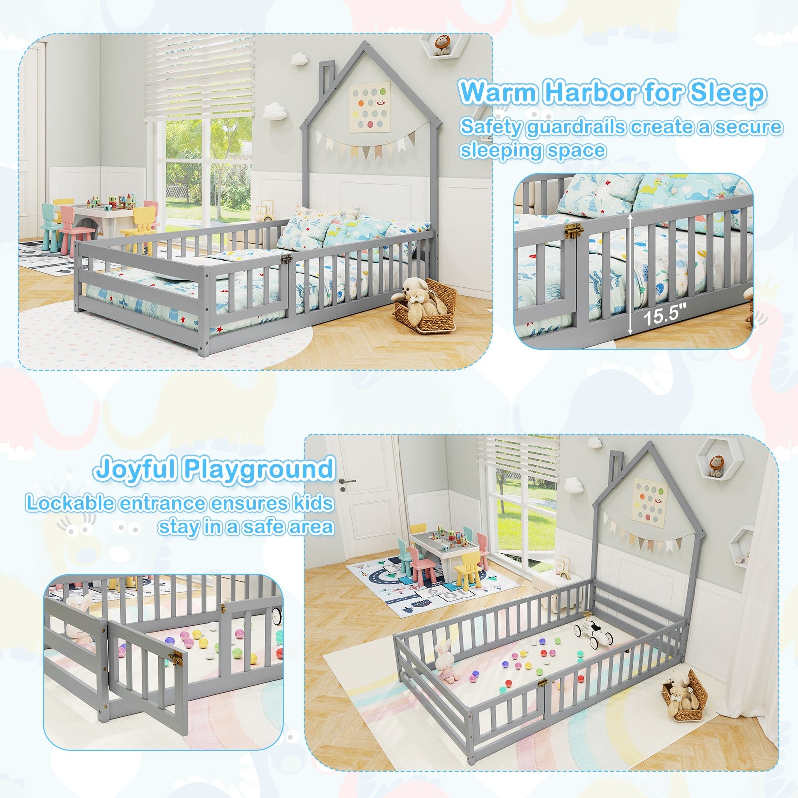 Twin Size Montessori Floor Bed with Lockable Door and Full-Length Guardrail, Gray Toddler Beds at Gallery Canada