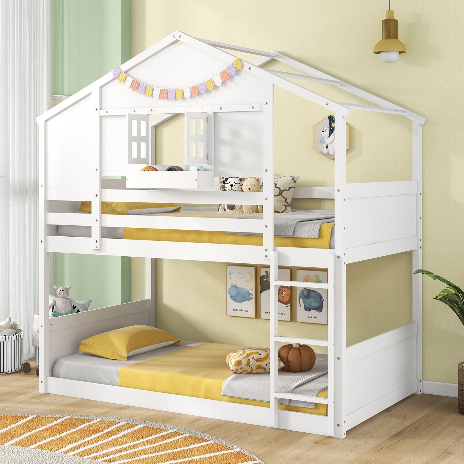 Twin Over Twin Bunk Bed for Kids with Roof and Lockable Window, White Toddler Beds   at Gallery Canada