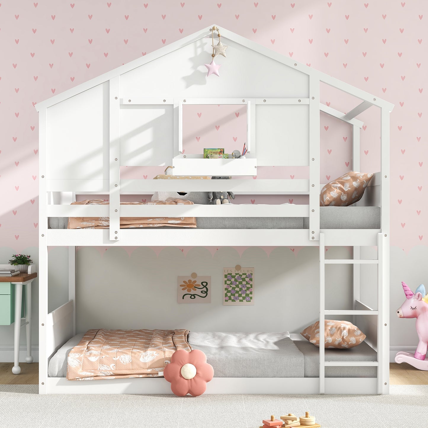 Twin Over Twin Bunk Bed for Kids with Roof and Lockable Window, White Toddler Beds   at Gallery Canada