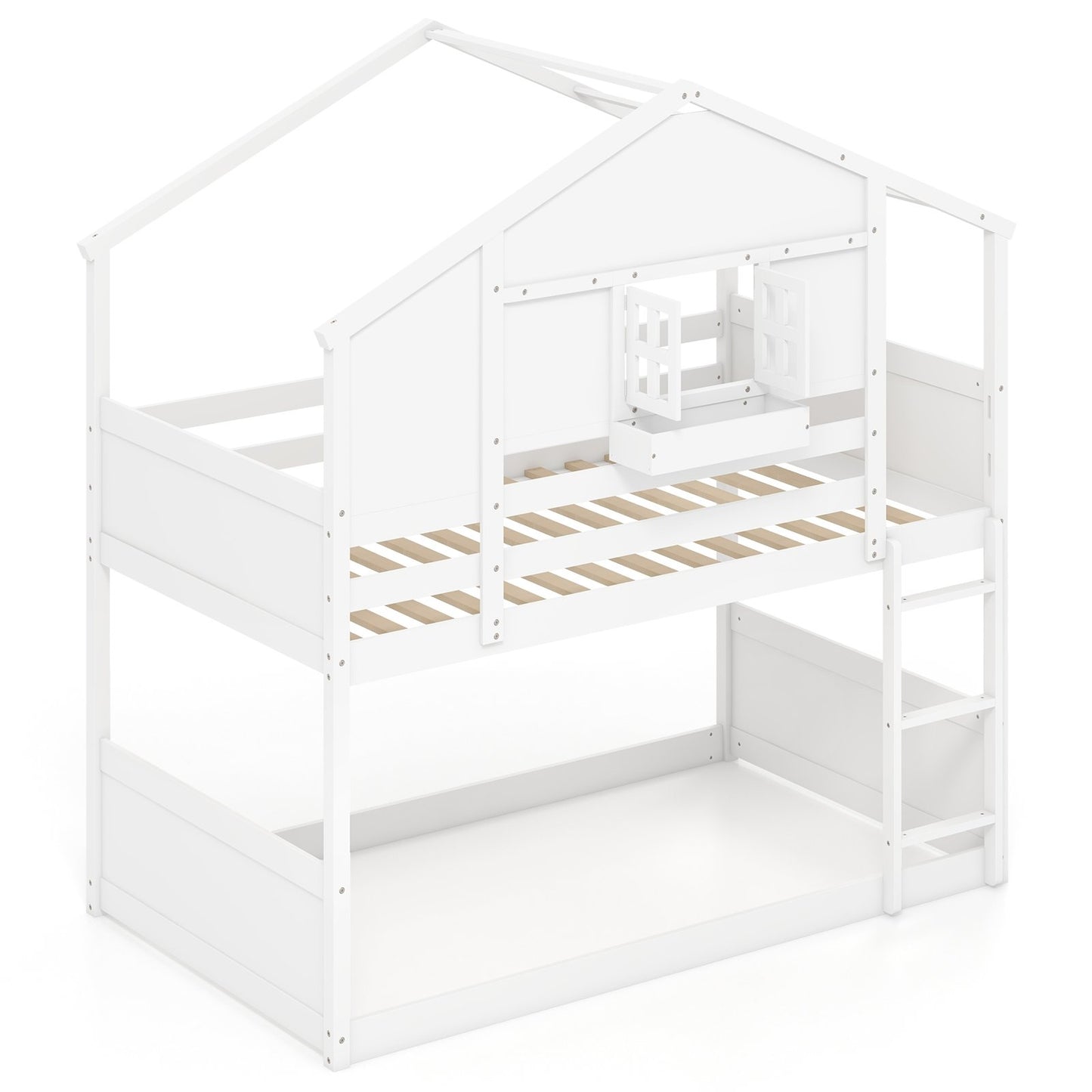 Twin Over Twin Bunk Bed for Kids with Roof and Lockable Window, White Toddler Beds White  at Gallery Canada