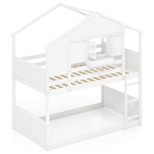 Twin Over Twin Bunk Bed for Kids with Roof and Lockable Window, White