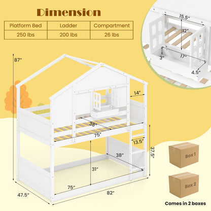 Twin Over Twin Bunk Bed for Kids with Roof and Lockable Window, White Toddler Beds   at Gallery Canada