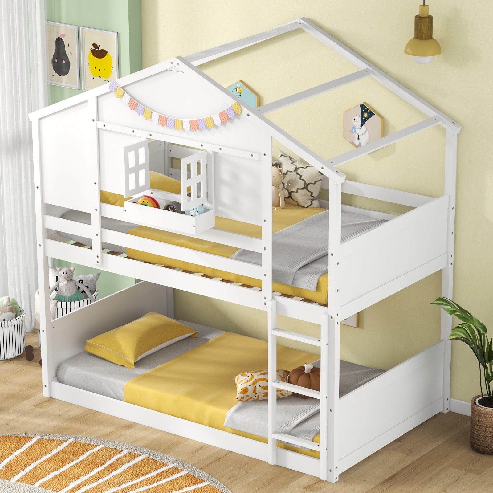 Twin Over Twin Bunk Bed for Kids with Roof and Lockable Window, White Toddler Beds   at Gallery Canada