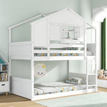 Twin Over Twin Bunk Bed for Kids with Roof and Lockable Window, White Toddler Beds   at Gallery Canada