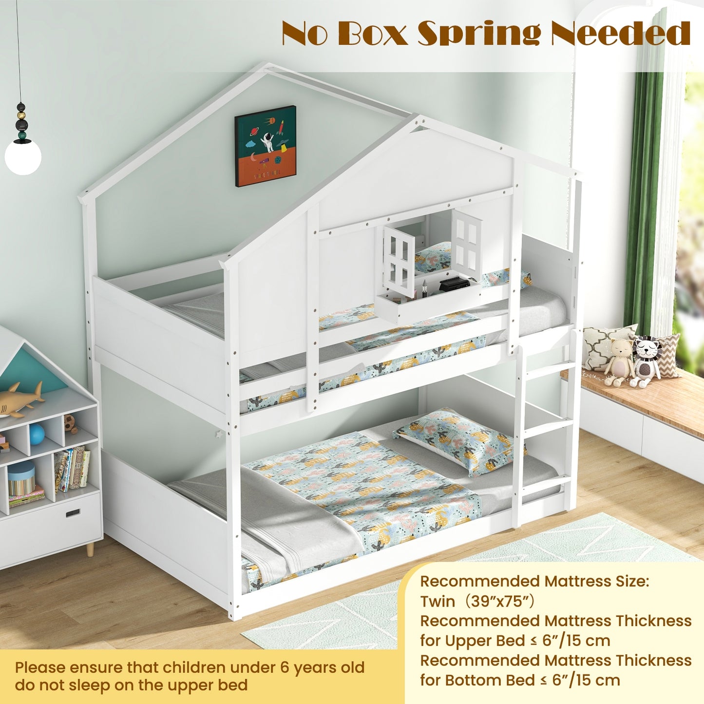 Twin Over Twin Bunk Bed for Kids with Roof and Lockable Window, White Toddler Beds   at Gallery Canada