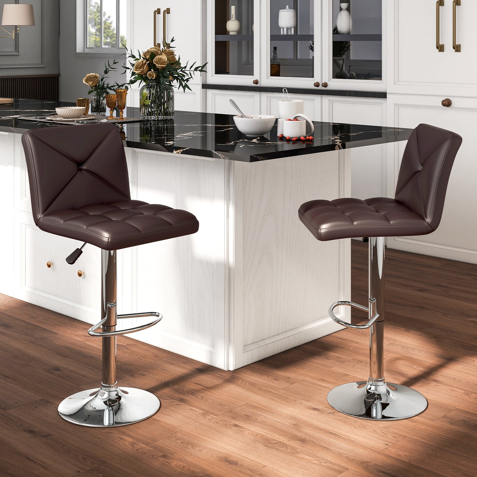 PU Leather Upholstered Bar Stools Set of 2 with Back and Adjustable Height, Brown Bar Stools   at Gallery Canada