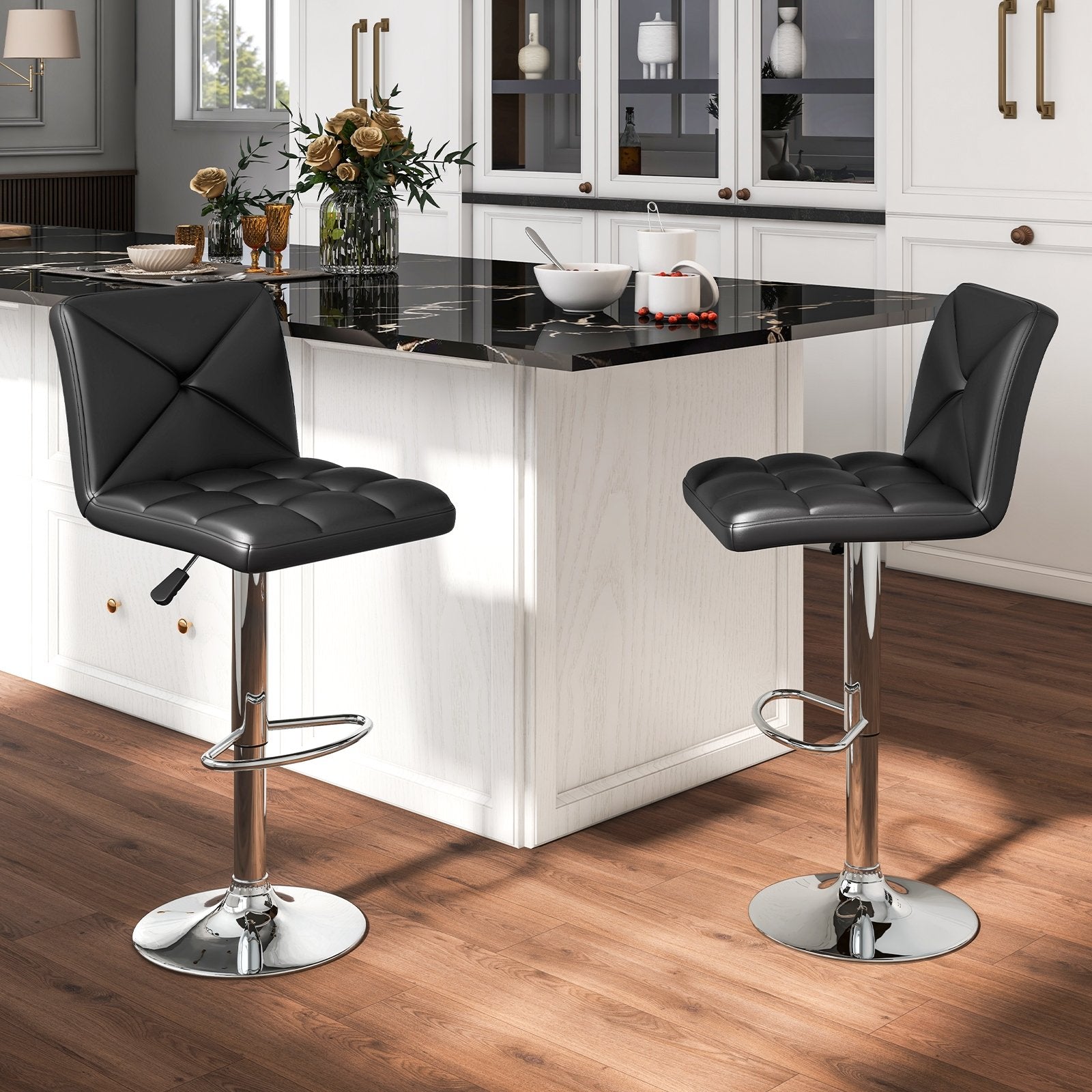 PU Leather Upholstered Bar Stools Set of 2 with Back and Adjustable Height, Black Bar Stools   at Gallery Canada