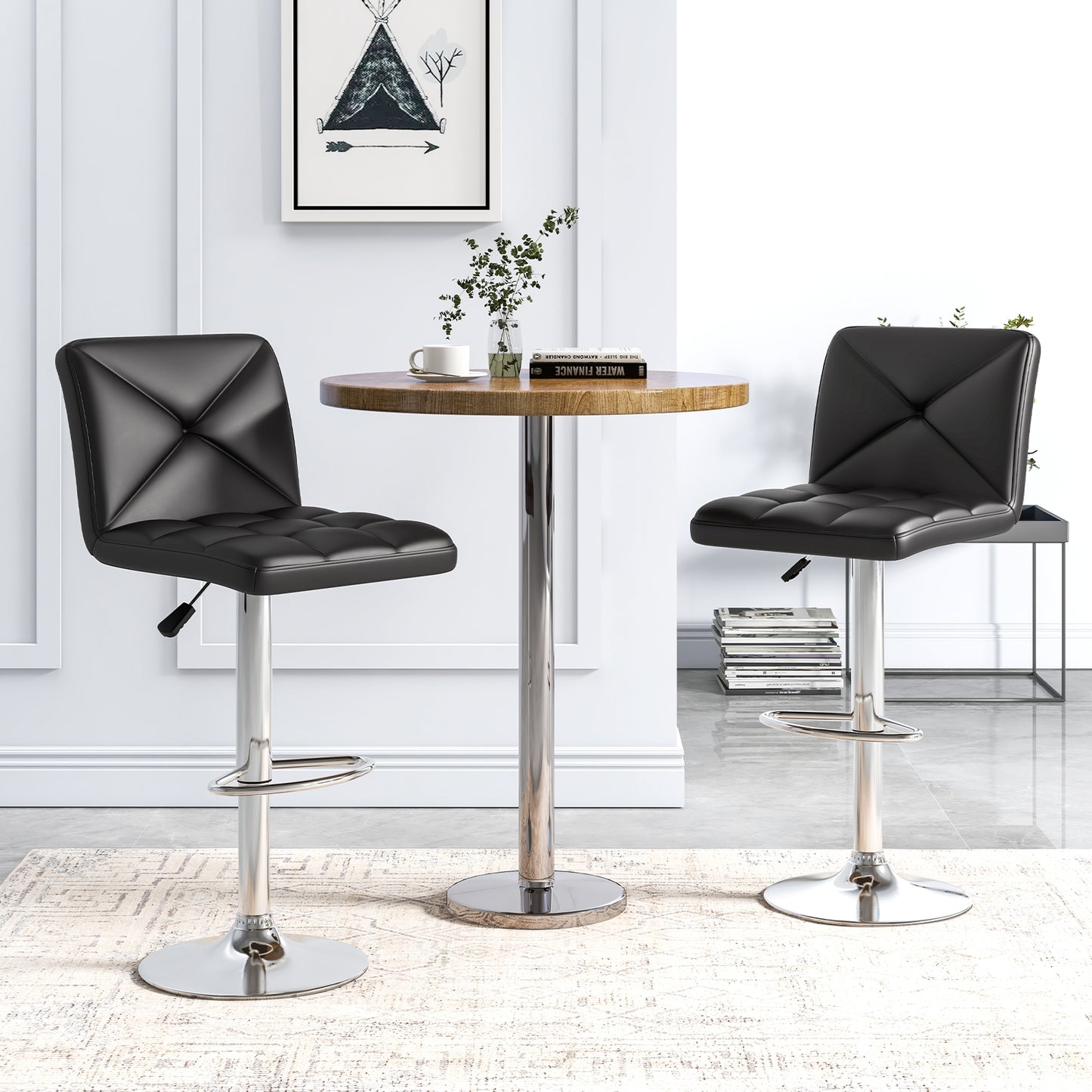 PU Leather Upholstered Bar Stools Set of 2 with Back and Adjustable Height, Black Bar Stools   at Gallery Canada